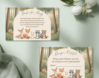 Boho Woodland Baby Shower Luierloterij en boeken voor babykaart, avontuur wacht op thema, neutraal bos babystrooisel afdrukbare download
