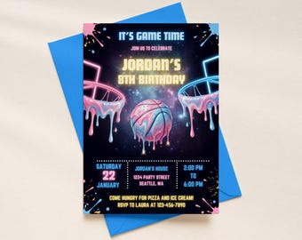 Verjaardagskaart met basketbal- en ijsdrip-thema, uitnodiging met sportthema voor een jongensverjaardagsfeestje, bewerkbare Canva-sjabloon, direct te downloaden