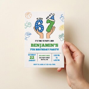 Invitación de cumpleaños para niños de 6 a 7 años, invitación para fiesta de memes Six Seven, juegos de pizza deportiva, plantilla editable de Canva para cumpleaños infantil, descarga instantánea imagen 8