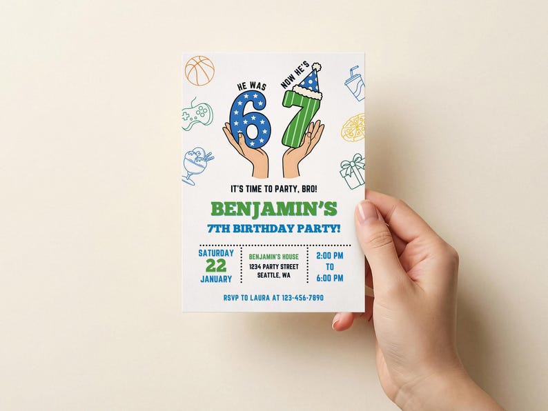 Invitación de cumpleaños para niños de 6 a 7 años, invitación para fiesta de memes Six Seven, juegos de pizza deportiva, plantilla editable de Canva para cumpleaños infantil, descarga instantánea imagen 8