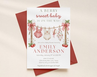 Sjabloon voor uitnodiging voor babyshower Berry Sweet, Strawberry Cottagecore-uitnodiging, Sweet Baby On The Way, bewerkbare Canva-uitnodiging