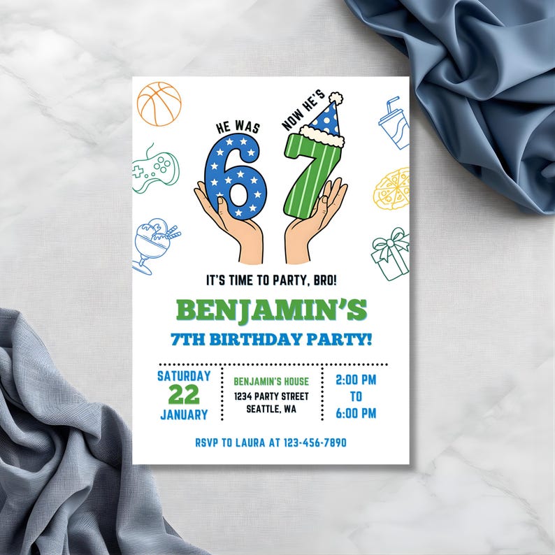Puede incluir: Una invitaci&oacute;n blanca para la fiesta de cumplea&ntilde;os n&uacute;mero 7 de Benjam&iacute;n. El dise&ntilde;o presenta un n&uacute;mero 6 azul con estrellas blancas y un n&uacute;mero 7 verde. El texto dice "&iexcl;Es hora de la fiesta, hermano!" e incluye detalles de la fiesta.