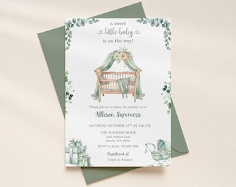 Genderneutrale babyshoweruitnodiging, botanische eucalyptusuitnodiging, saliegroen thema, babystrooisel, bewerkbare sjabloon