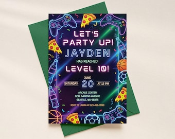 Invitación de cumpleaños de videojuegos, plantilla de fiesta de videojuegos neón, invitación de fiesta gamer con temática de pizza deportiva, diseño editable de Canva