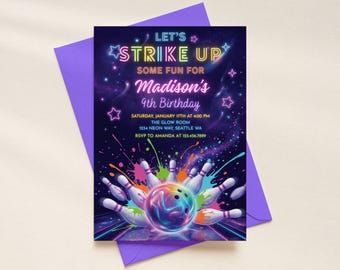 Bewerkbare bowlingverjaardagsuitnodiging, laten we wat leuks doen neon Rainbow Glow Girls Bowling Party uitnodiging, digitale download