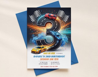 Bewerkbare raceauto 3e verjaardagsuitnodiging, jongensauto feestuitnodiging, derde verjaardag racebaanthema, digitale download Canva-sjabloon