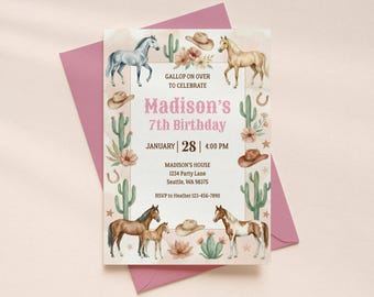 Bewerkbare verjaardagsuitnodiging paard en pony, Cowgirl-feestje, uitnodiging roze aquarel Western Digital, galop over!