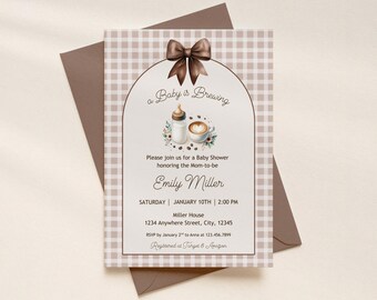 Koffiethema babyshower uitnodiging sjabloon, A Baby Is Brewing Invite, neutrale caféstijl, bewerkbare Instant Download