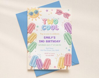 Twee coole 2e verjaardagsuitnodiging sjabloon, zomerverjaardag, aquarel ijslolly uitnodigen, kleurrijke poolparty verjaardag, bewerkbaar