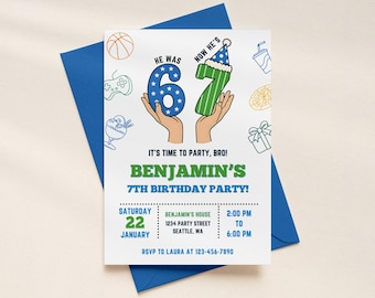 6-7 verjaardagsuitnodiging voor jongens, Six Seven Meme Party Invite, Sports Pizza Games, bewerkbare Canva Kids verjaardagssjabloon, Instant Download