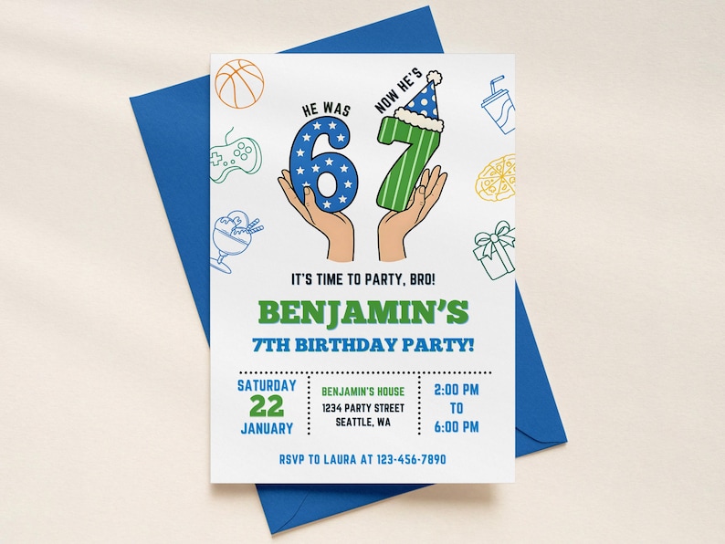 6-7 Birthday Invitation for Boys, Six Seven Meme Party Invite, Sports Pizza Games, Editable Canva Kids Birthday Template, Instant Download