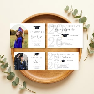 Plantilla de tarjeta de graduación con foto, tarjeta de invitación editable para fiesta de graduación de 2x3.5" y 5x3.5", descarga de Canva para instituto y universidad.