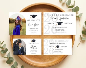 Afstuderen insteekkaartsjabloon met foto, bewerkbare kaart voor afstudeerfeestje 2 x 3,5" en 5 x 3,5", High School College Canva downloaden