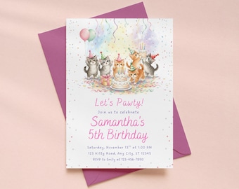 Kitten Birthday Invitation, Cute Cat Girl Let's Pawty Invite, Watercolor Kitty Birthday Editable Template, Pastel Rainbow Digital Download