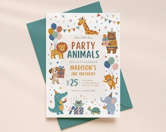 Oproep aan alle feestbeesten, Safari Jungle Kids verjaardagsuitnodiging elke leeftijd, afdrukbare digitale download, bewerkbare sjabloon