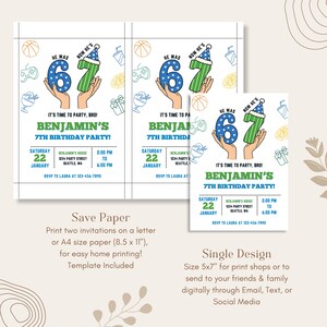 Puede incluir: Invitaciones de fiesta de cumplea&ntilde;os con un dise&ntilde;o azul y verde. El texto dice "He Was 6, Now He's 7". Las invitaciones incluyen detalles de la fiesta: fecha, hora, lugar e informaci&oacute;n de RSVP. El dise&ntilde;o incluye gr&aacute;ficos tem&aacute;ticos de fiesta.