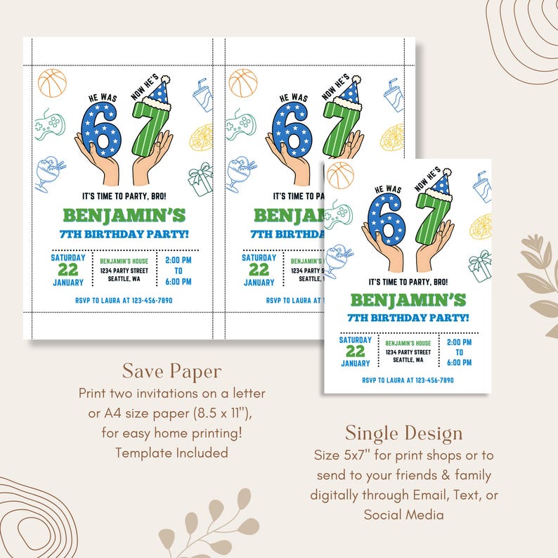 Puede incluir: Invitaciones de fiesta de cumplea&ntilde;os con un dise&ntilde;o azul y verde. El texto dice "He Was 6, Now He's 7". Las invitaciones incluyen detalles de la fiesta: fecha, hora, lugar e informaci&oacute;n de RSVP. El dise&ntilde;o incluye gr&aacute;ficos tem&aacute;ticos de fiesta.