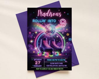 May include: A purple invitation card with the text "Madison's Rollin' Into 9" featuring a disco ball, roller skates, and neon accents. The card includes event details for a birthday party at Glow Skate Park.