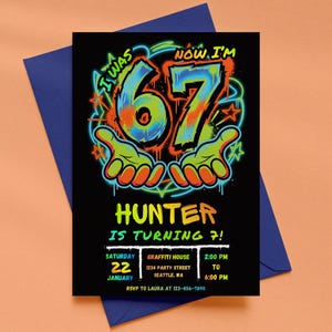 Verjaardagsuitnodiging 6 7 voor jongens, I Was Six Now I'm Seven Feestuitnodiging, neon-graffitithema 7e verjaardag, bewerkbare canvassjabloon