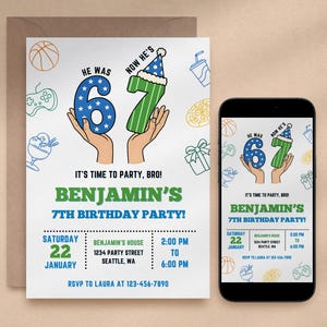 Invitación de cumpleaños para niños de 6 a 7 años, invitación para fiesta de memes Six Seven, juegos de pizza deportiva, plantilla editable de Canva para cumpleaños infantil, descarga instantánea imagen 5