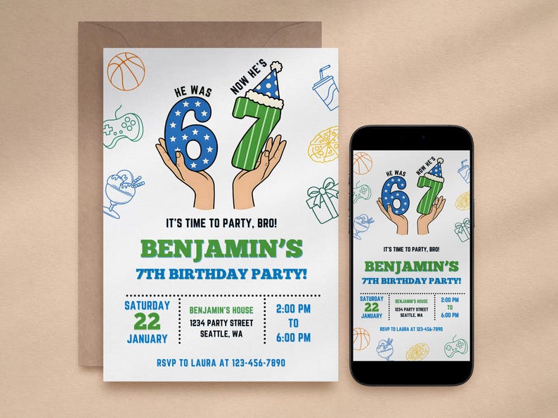 Invitación de cumpleaños para niños de 6 a 7 años, invitación para fiesta de memes Six Seven, juegos de pizza deportiva, plantilla editable de Canva para cumpleaños infantil, descarga instantánea imagen 5