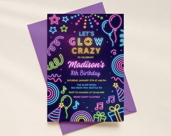 Invitación de cumpleaños con temática de neón que brilla en la oscuridad, plantilla digital editable.