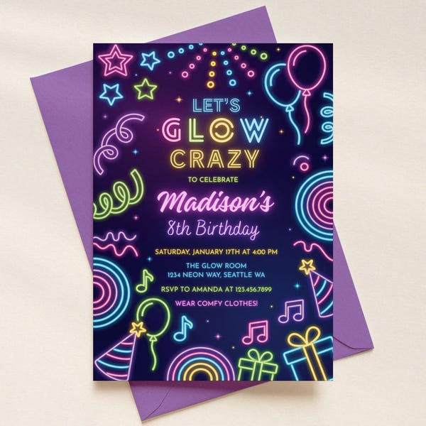 Glow Party Birthday Invitation, Neon Glow in the Dark Invite, Glow Crazy Theme, Editable Digital Template