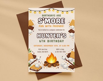 S'mores Camping Birthday Invitation, Backyard Bonfire Campout Party, Editable Canva Template