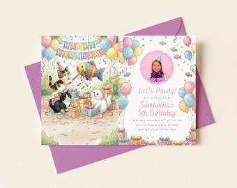 Kitten verjaardagsuitnodiging bewerkbare fotosjabloon, schattige kat meisje Let's Pawty Invite, aquarel Kitty verjaardagsfeestje digitale download