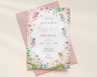 Aquarel fee eerste verjaardagsuitnodiging, pastel bloemen tuinfeest afdrukbare, girly regenboogthema, bewerkbare 1e uitnodiging, elke leeftijd