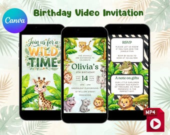 Safari video-verjaardagsuitnodiging, thema wilde jungle dieren, geanimeerde mobiele uitnodiging, kinderfeestje bewerkbare digitale uitnodiging
