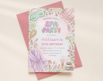 Watercolor Spa Birthday Invitation for Girls, Pastel Glam Makeup Party Invite, Pamper Party Theme Template, Editable Facial Sleepover Card