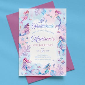 Watercolor Mermaid Birthday Invitation for Girls | Under the Sea Mermaid Party Invite | Shellabration Mermaid Bash | Editable Canva Template