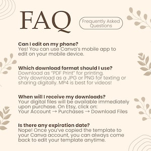 Puede incluir: Un documento digital beige con el t&iacute;tulo "FAQ" y el subt&iacute;tulo "Preguntas Frecuentes". Responde preguntas sobre edici&oacute;n en tel&eacute;fono, formatos de descarga, tiempos de descarga y fechas de caducidad. Elementos florales decorativos enmarcan el texto.