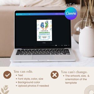 Puede incluir: Una computadora port&aacute;til muestra una plantilla de invitaci&oacute;n de cumplea&ntilde;os. La invitaci&oacute;n presenta un dise&ntilde;o azul y verde con el texto "Benjamin's 7th Birthday Party!" y campos editables. El logotipo de Canva es visible.