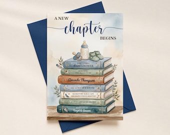 Een nieuw hoofdstuk begint uitnodiging babyshower, verhalenboek blauw groen boho boek thema jongensshower, bewerkbare canvassjabloon