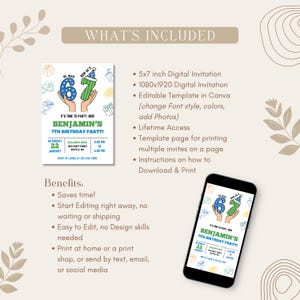 Puede incluir: Una invitaci&oacute;n digital para el 7&ordm; cumplea&ntilde;os de Benjam&iacute;n, con el texto "HE WAS 6, NOW HE'S 7". La invitaci&oacute;n incluye la fecha, la hora y el lugar. Un smartphone muestra la invitaci&oacute;n. La imagen tambi&eacute;n enumera los beneficios.