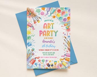 Plantilla de invitación de cumpleaños editable con arte, invitación de artista de pintura creativa, tarjeta de fiesta de arte imprimible con manualidades
