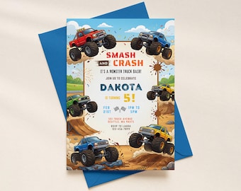 Bewerkbare sjabloon voor verjaardagsuitnodiging Monster Truck, Smash and Crash-feestuitnodiging voor jongens, aangepaste afdrukbare sjabloon