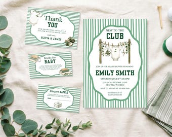 Nieuw bij de club: Babyshowerpakket met golfthema, Canva-sjabloon, bijpassende bedankkaart, luierloterij en babyboekjes.
