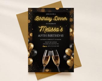 Bewerkbare zwart gouden verjaardagsuitnodiging diner, elegante volwassen mijlpaal feestuitnodiging, formele viering, champagne thema digitale download