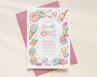 Sweet One 1e verjaardagsuitnodiging voor meisjes, pastel dessert thema uitnodigen met donut ijs cupcake macarons partij ontwerp, bewerkbaar