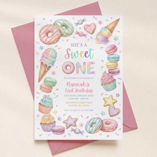 Invitación de primer cumpleaños para niñas, temática de postre pastel con diseño de donut, helado, cupcakes, macarrones, editable