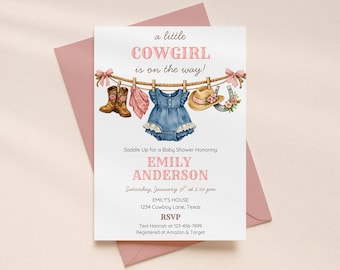 Uitnodiging babyshower cowgirl, een kleine cowgirl is onderweg, rustieke westernuitnodiging, thema van het wilde westen