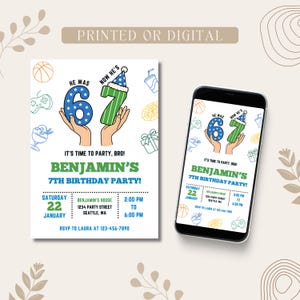 Puede incluir: Una invitaci&oacute;n de cumplea&ntilde;os con el texto "Impreso o Digital". El dise&ntilde;o presenta los n&uacute;meros "6" y "7" sostenidos por manos, con el texto "&iexcl;7&ordm; Cumplea&ntilde;os de Benjam&iacute;n!" y los detalles de la fiesta.