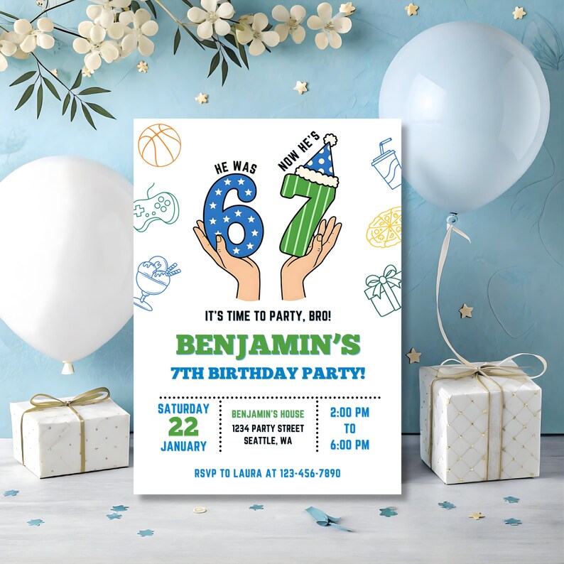 Puede incluir: Una invitaci&oacute;n de cumplea&ntilde;os con el texto "Benjamin's 7th Birthday Party!". El dise&ntilde;o incluye el n&uacute;mero 67 en azul y verde, globos e ilustraciones tem&aacute;ticas de fiesta. La invitaci&oacute;n tambi&eacute;n incluye la fecha, la hora y el lugar.