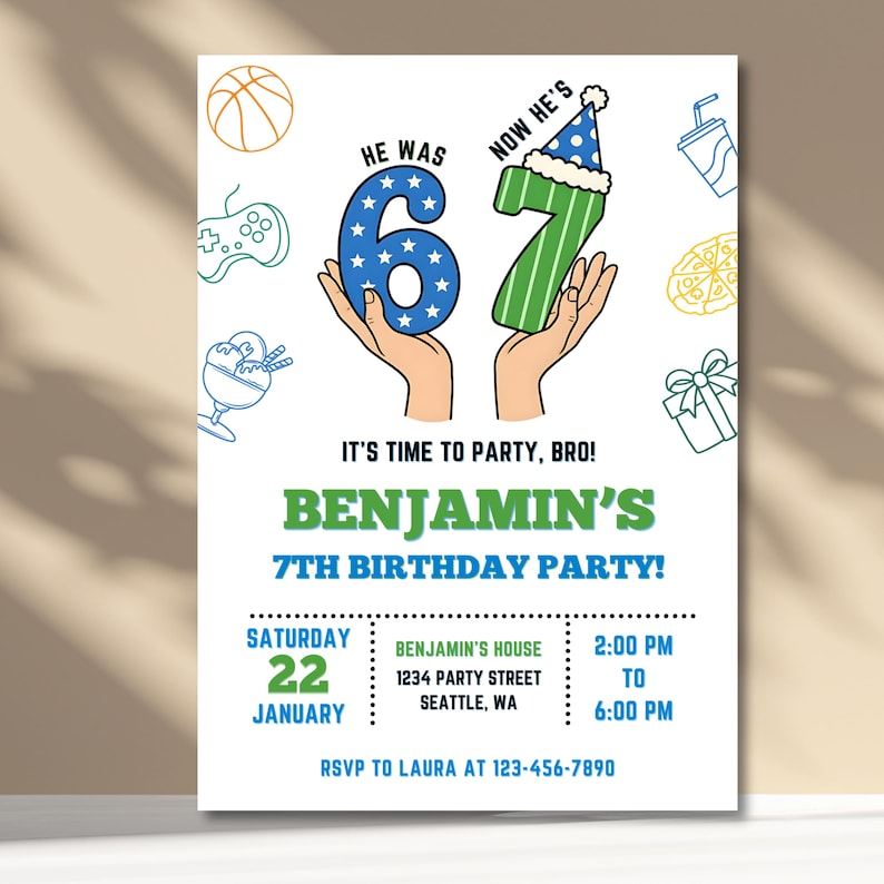 6-7 Birthday Invitation for Boys, Six Seven Meme Party Invite, Sports Pizza Games, Editable Canva Kids Birthday Template, Instant Download