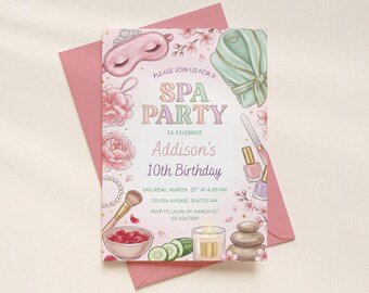 Elegante spa verjaardagsuitnodiging voor meisjes, glamour make-up feestuitnodiging, verwenfeestje themasjabloon, bewerkbare gezichtsuitnodiging kaart