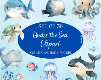Cute Deep Sea Ocean Creatures Watercolor Clipart Bundle | Under the Sea Baby Animals | Printable Sealife Illustrations for Nursery Decor