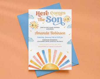Hier komt de zoon baby showeruitnodiging, zomerzonnefeestuitnodiging, Sunshine Boy Boho-thema, afdrukbare bewerkbare sjabloon